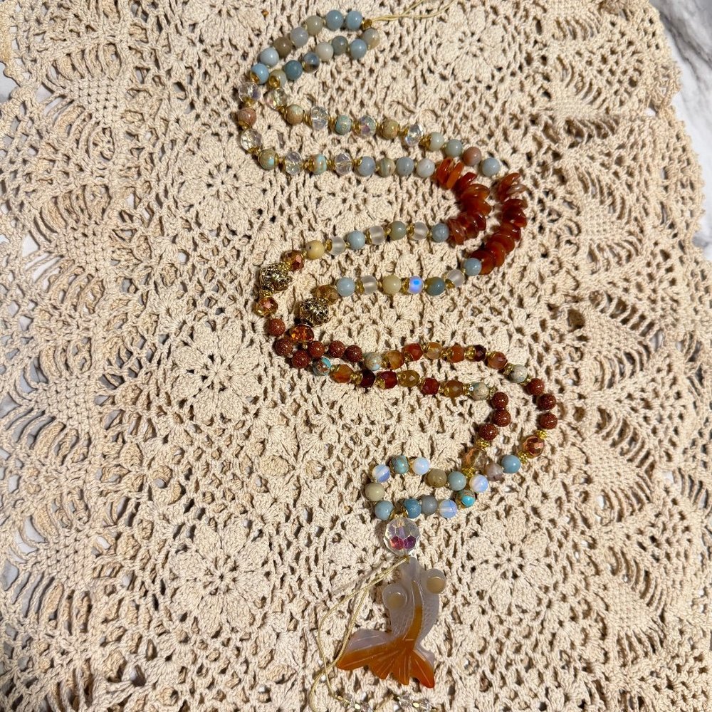 🤩🎉HOST PICK!!🎉🤩AGATE GOLDFISH Handmade Semi Precious 108 Bead Mala Neckl…